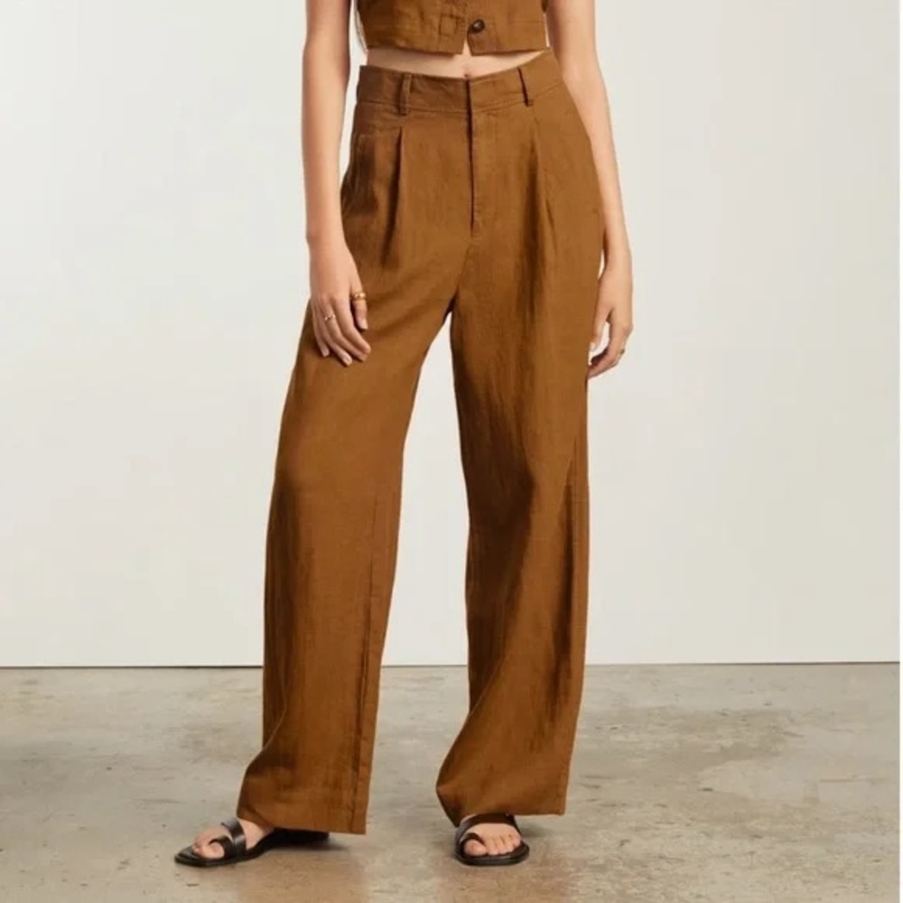 Everlane - Linen Way-High Drape Pant, size 00 / Tawny Brown